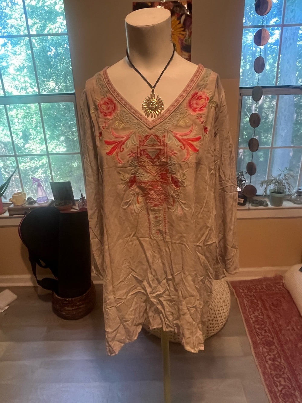 ANDREE BY UNIT Beige Tunic with Coral Pink Embroidery